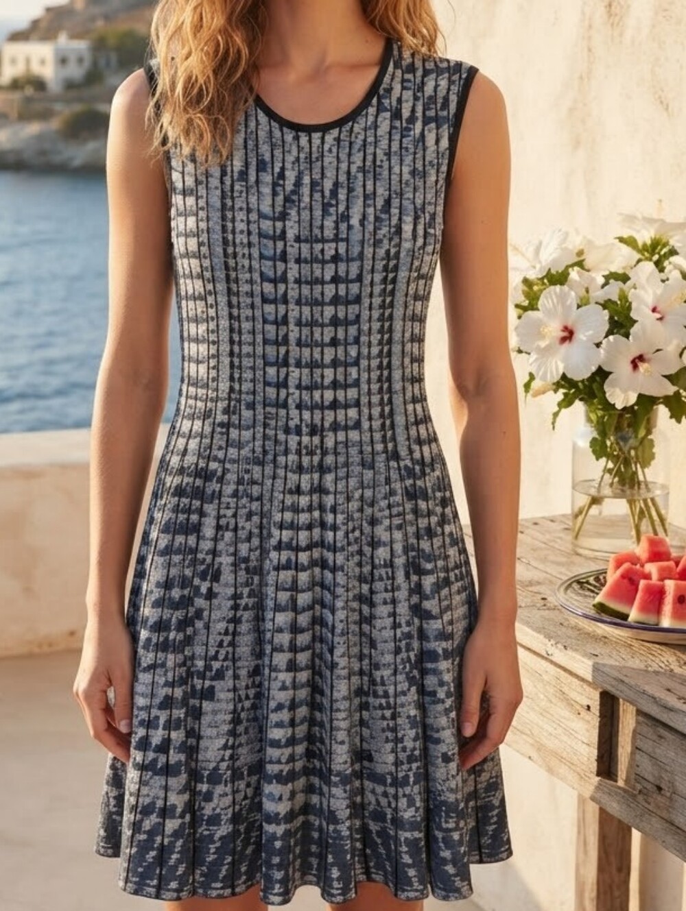 NIC+ZOE Navy and White Sleeveless Patterned Knit Dress